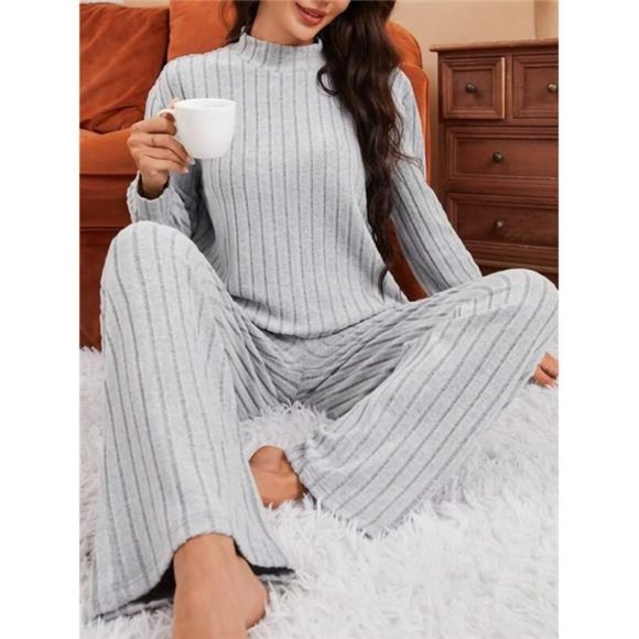 Women's Solid Color Stand Collar Knitted Ribbed Loungewear Set - Picture 3 of 7